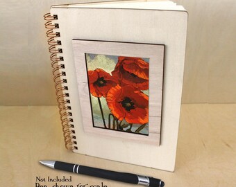 Wooden Cover Blank Journal, ACEO Art Cover, 5x7, Choose your cover art, Teacher Gift, Diary Small Sketchbook, Floral Poppy Art, Purse Sized