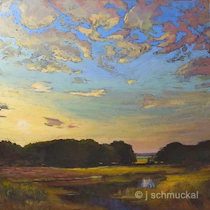 Wetland Sunset - Mission Arts and Crafts CRAFTSMAN Giclee Fine Art PRINT of Original Landscape Painting matted to 12x12 by Jan Schmuckal