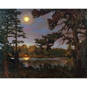Noche de verano - Amanecer de luna en el lago, estilo artesano de Mission - Impresión artística Giclée de alta calidad de la pintura original de Jan Schmuckal, enmarcada en 11x14 pulgadas.