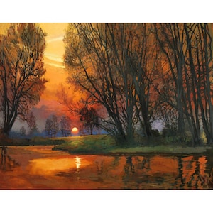 Extraordinary Dawn- Giclee Fine Art PRINT of Original Oil Painting matted to 16x20 by Jan Schmuckal Mission Style Landscape Art Creek