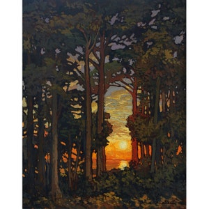 Los árboles observan - Impresión artística Giclée de la pintura original de Jan Schmuckal, enmarcada en 16x20 pulgadas. Arte mural de estilo Mission Arts and Crafts.