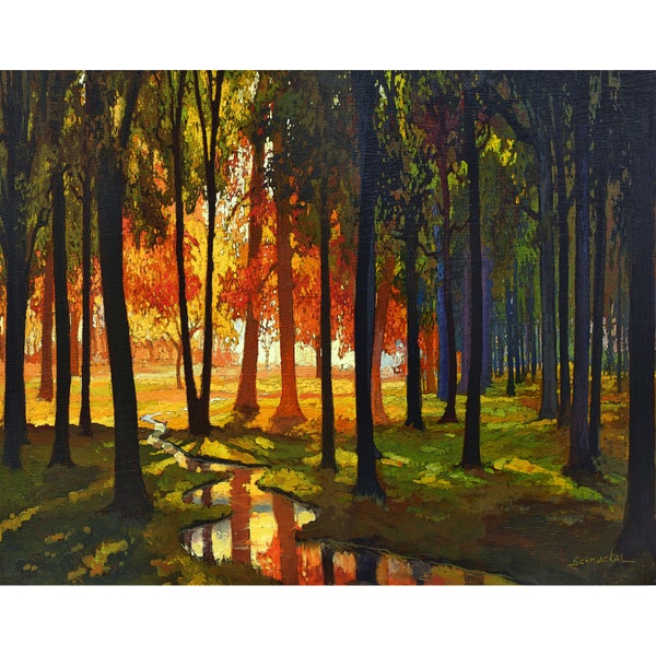 The Clearing - Matted to 16x20 giclee fine art print by Jan Schmuckal,  Arts and Crafts Mission style art tonalist, Craftsman style forest