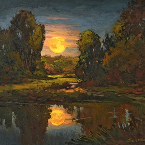 Moon Over The Creek - Giclee Fine Art PRINT of Original Painting matted to 16x20 by Jan Schmuckal Mission Arts and Crafts Style Wall Art