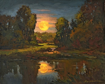 May include: A painting depicting a full moon rising over a tranquil lake, with trees flanking the water. The moon is a vibrant yellow and is mirrored in the water. The trees are a deep green and brown.