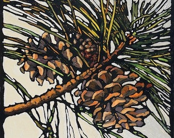 Pinecones - Arts and Crafts CRAFTSMAN - Matted to 12x12 Giclee Fine Art of Original Oil Painting pine tree by Jan Schmuckal