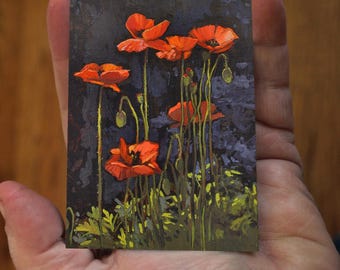 ACEO Edition of Original Painting by Jan Schmuckal - June Poppies - Signed Affordable Art Print Trading Art Card size artist produced
