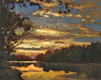 May include: A painting depicting a sunset over a lake, with a dark silhouette of trees in the foreground. The sky is a blend of orange, yellow, and blue, with clouds. The lake is a dark blue, reflecting the sunset.