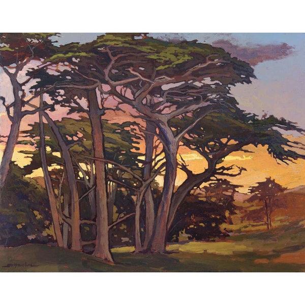 Central Coast Sunset - Giclee Art PRINT of Original Painting matted to 16x20 by Jan Schmuckal California Mission Arts and Crafts Style