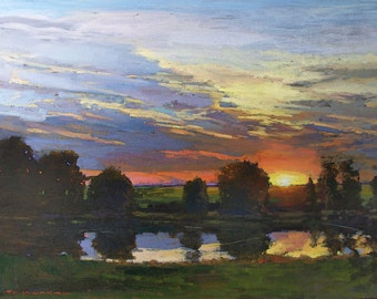 May include: A painting depicting a sunset over a lake, with trees silhouetted in the foreground. The sky is a blend of purple, orange, and yellow, with clouds mirrored in the water.