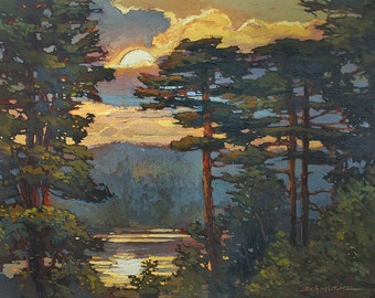 May include: A painting of a sunset over a lake, with tall trees on either side of the scene. The sun is setting behind the trees, casting a warm glow on the water. The sky is a mix of orange, yellow, and purple.