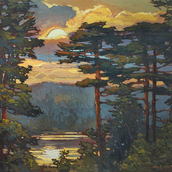Pinos sobre el lago - Impresión artística Giclée de la pintura original de Jan Schmuckal, enmarcada en 16x20 pulgadas.