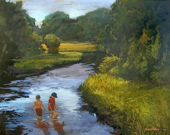 May include: Two children are wading in a shallow river, the water reflecting the blue sky. Lush green trees line the banks of the river, creating a peaceful scene.