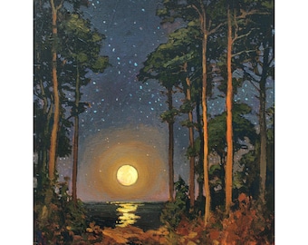 Moonrise On The Lake - Giclee Fine Art PRINT of Original Painting matted to 16x20 by Jan Schmuckal Mission Arts and Crafts Style Wall Art