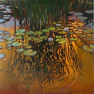 May include: A painting of a pond with lily pads and water lilies. The water is a golden yellow color and the lily pads are green. The water lilies are white and pink. The painting is done in a stylized way, with thick brushstrokes and a lot of texture.