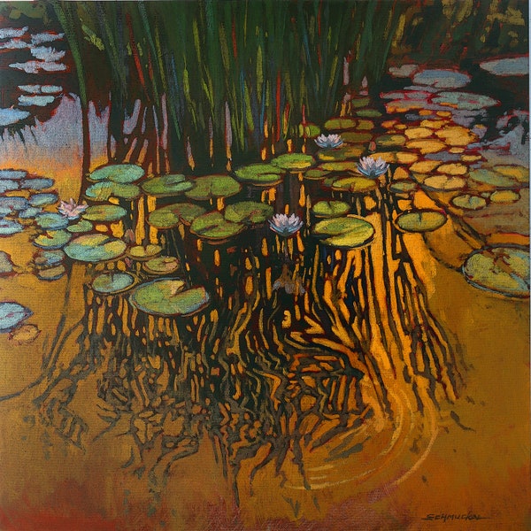 Dusk On The Pond - CRAFTSMAN Mission Arts and Crafts - Giclee Fine Art PRINT of Original Painting matted to 12x12 by Jan Schmuckal Sunset