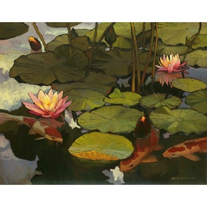 Koi Pond - Giclee Fine Art PRINT of Original Painting matted to 16x20 by Jan Schmuckal Mission Arts and Crafts Style Wall Art