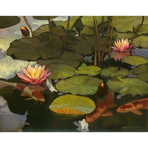 Koi Pond - Giclee Fine Art PRINT of Original Painting matted to 16x20 by Jan Schmuckal Mission Arts and Crafts Style