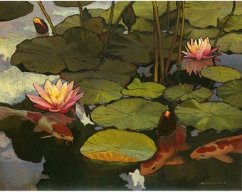 Koi Pond - Giclee Fine Art PRINT of Original Painting matted to 16x20 by Jan Schmuckal Mission Arts and Crafts Style