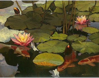 Koi Pond - Giclee Fine Art PRINT of Original Painting matted to 16x20 by Jan Schmuckal Mission Arts and Crafts Style Wall Art