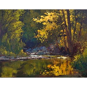 Matted to 16x20 giclee fine art print by Jan Schmuckal, "September Sun" Arts and Crafts Mission style art tonalist, Craftsman style Creek
