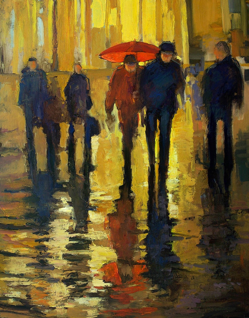 Rainy Night Reflection Giclee Fine Art PRINT of Original Painting matted to 16x20 by Jan Schmuckal image 1