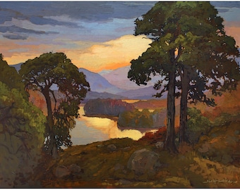 May include: A painting depicting a sunset over a lake, with two large trees in the foreground. The sky is a blend of purple, blue, and orange. The lake is a tranquil blue, reflecting the sunset. The trees are a deep green and brown.