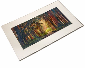 May include: A painting of a forest path with tall trees on either side. The path is lined with trees that have a variety of colors, including red, orange, yellow, and green. The sun is shining through the trees, creating a warm and inviting atmosphere.