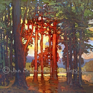 Illumination - Mission Arts and Crafts CRAFTSMAN LAKE Sunset - Giclee Fine Art PRINT of Original Painting matted to 12x12 by Jan Schmuckal