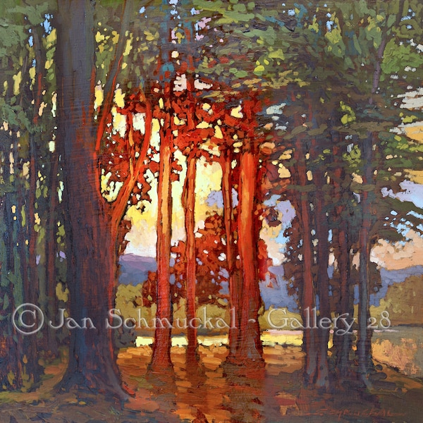 Iluminación - Artes y Oficios de la Misión Atardecer en el Lago Artesano - Impresión artística Giclée de la pintura original enmarcada en 12x12 por Jan Schmuckal
