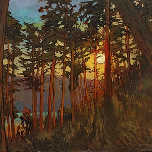 Sun Behind The Mountain - Mission Arts and Crafts Style Giclee Fine Art PRINT of Original Painting matted to 11x14 by Jan Schmuckal Wall Art