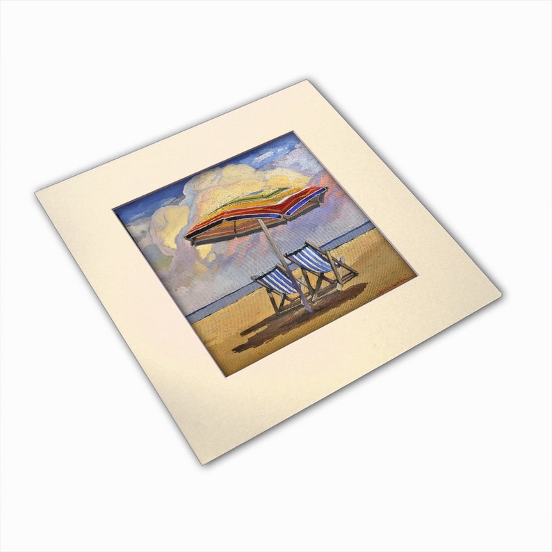 May include: A painting of two beach chairs under a colorful striped umbrella on a sandy beach.