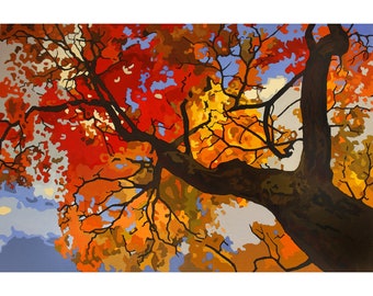 May include: A close-up view of a tree with branches reaching up towards the sky. The leaves are a mix of red, orange, and yellow, creating a vibrant autumnal scene.