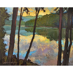 Lakeside Dawn - Mission Arts and Crafts Lake Summer - Craftsman Giclee Fine Art PRINT of Original Painting matted to 11x14 by Jan Schmuckal