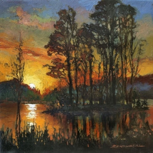 Octubre Vespertino - ARTESANÍA Pine Mission Arts and Crafts - Impresión artística Giclée de la pintura original de Jan Schmuckal Sunset, enmarcada en 30x30 cm.