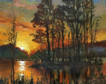 October Eve - CRAFTSMAN Pine Mission Arts and Crafts - Giclee Fine Art PRINT of Original Painting matted to 12x12 by Jan Schmuckal Sunset