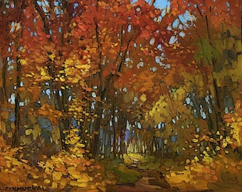 May include: An autumnal forest scene in an impressionistic style. The trees are ablaze with orange and yellow foliage, with sunlight dappling through the canopy. A path, strewn with fallen leaves, leads into the distance, creating a warm atmosphere.