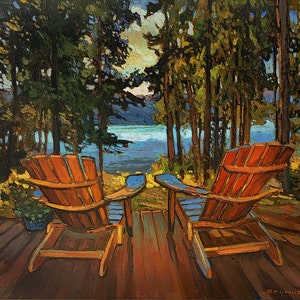 May include: Two wooden adirondack chairs facing a lake view, surrounded by tall trees. The chairs are painted in a reddish-brown color and have a blue painted base. The lake is a light blue color and the trees are a dark green color.