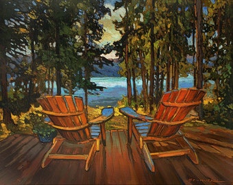 May include: Two wooden Adirondack chairs facing a lake view, surrounded by tall trees. The chairs are painted in a reddish-brown colour and have a blue painted base. The lake is a light blue colour and the trees are a dark green colour.