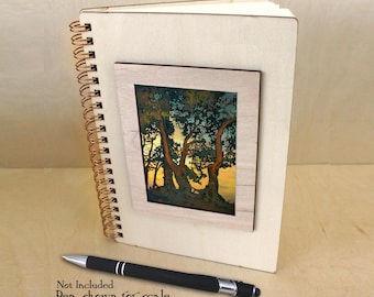 Wooden Cover Blank Journal, ACEO Art Cover, 5x7, Choose your cover art, Teacher Gift, Diary Sketchbook, Trees Sunset Creeks Art, Small Sized