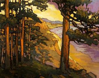 On The Cliff- Arts and Crafts CRAFTSMAN - Matted to 12x12 Giclee Fine Art PRINT Sunset by Jan Schmuckal Pines and seashore landscape