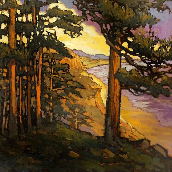 On The Cliff- Arts and Crafts CRAFTSMAN - Matted to 12x12 Giclee Fine Art PRINT Sunset by Jan Schmuckal Pines and seashore landscape