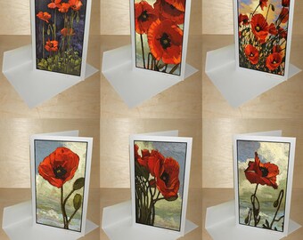 Red Poppies Large Blank Original Art Folded Note Cards - Jan Schmuckal - Set of 6 - Artist Signed and Handmade  Made in the USA