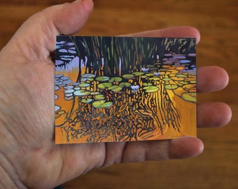 ACEO Edition of Original Painting by Jan Schmuckal - Dusk At The Pond - Signed Affordable Art Print Trading Art Card size artist produced