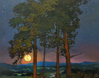 Evening Summer Breeze - CRAFTSMAN - Matted to 12x12 Giclee Fine Art PRINT Moonrise by Jan Schmuckal Mission Arts and Crafts Style Wall Art