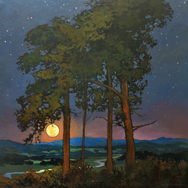 Evening Summer Breeze - CRAFTSMAN - Matted to 12x12 Giclee Fine Art PRINT Moonrise by Jan Schmuckal Mission Arts and Crafts Style Wall Art