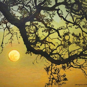 Oak Moon - Craftsman Tonalist Impressionist Art - Matted to 11x14 Giclee Fine Art Print of original work by Jan Schmuckal Mission  Style