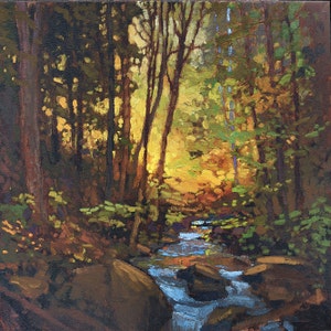 Light In The Woods- Mission Arts and Crafts CRAFTSMAN Creek Sunset - Giclee Fine Art PRINT of Original oil matted to to 12x12 Jan Schmuckal