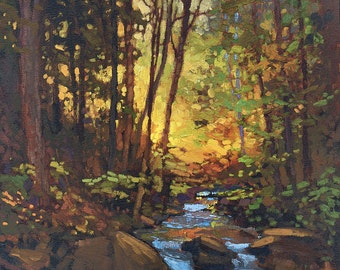 Light In The Woods- Mission Arts and Crafts CRAFTSMAN Creek Sunset - Giclee Fine Art PRINT of Original oil matted to to 12x12 Jan Schmuckal