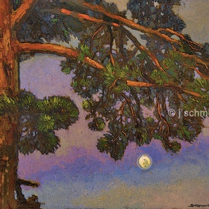 Full Moon Under The Pines - Giclee Fine Art PRINT of Original Painting matted to 16x20 by Jan Schmuckal Mission Arts and Crafts Style