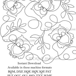 May include: Black and white line art digital embroidery design of stylized flowers with leaves and swirls.  The design is available in multiple machine embroidery formats: BQM, DXF, HQF, HQV, IQP, PAT, PLT, QCC, QLI, SSD, TXT, WMF.